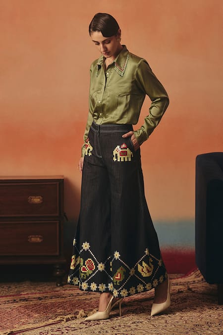 Buy_Pooja Rajgarhia Gupta_Olive Green Satin Beads Collared Mithu Hand Embroidered Shirt _Online_at_Aza_Fashions