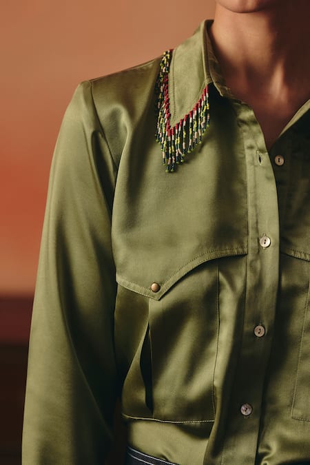 Pooja Rajgarhia Gupta_Olive Green Satin Beads Collared Mithu Hand Embroidered Shirt _at_Aza_Fashions