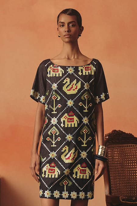 Buy_Pooja Rajgarhia Gupta_Navy Denim Sequins Boat Neck Mithu Ikat Pattern Dress _Online_at_Aza_Fashions