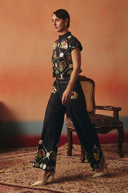 Pooja Rajgarhia Gupta Navy Denim Sequins, Embroidery High Mithu Ikat Pattern Top And Pant Co-ord Set 