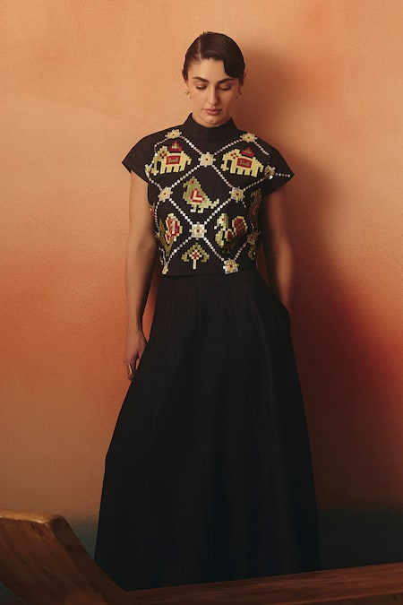 Buy_Pooja Rajgarhia Gupta_Navy Denim Sequins, Embroidery High Neck Mithu Ikat Pattern Top And Skirt Set _Online_at_Aza_Fashions