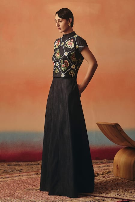 Shop_Pooja Rajgarhia Gupta_Navy Denim Sequins, Embroidery High Neck Mithu Ikat Pattern Top And Skirt Set _Online_at_Aza_Fashions