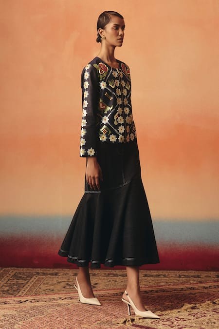 Pooja Rajgarhia Gupta_Navy Denim Sequins, Embroidery Round Neck Mithu Ikat Pattern Jacket _Online_at_Aza_Fashions