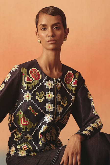 Buy_Pooja Rajgarhia Gupta_Navy Denim Sequins, Embroidery Round Neck Mithu Ikat Pattern Jacket _Online_at_Aza_Fashions