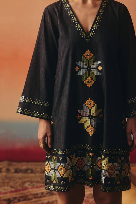 Buy_Pooja Rajgarhia Gupta_Navy Denim Sequins, Tassels V-neck Dhara Ikat Pattern Dress _Online_at_Aza_Fashions