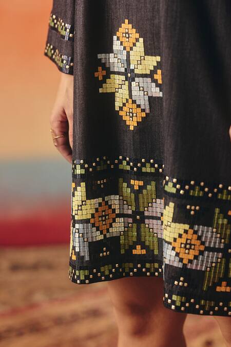 Shop_Pooja Rajgarhia Gupta_Navy Denim Sequins, Tassels V-neck Dhara Ikat Pattern Dress _Online_at_Aza_Fashions