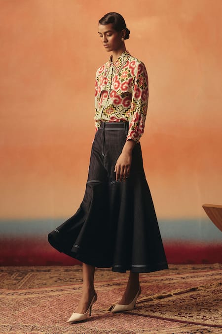 Pooja Rajgarhia Gupta_Navy Denim Dhara Flared Hem Skirt _Online_at_Aza_Fashions