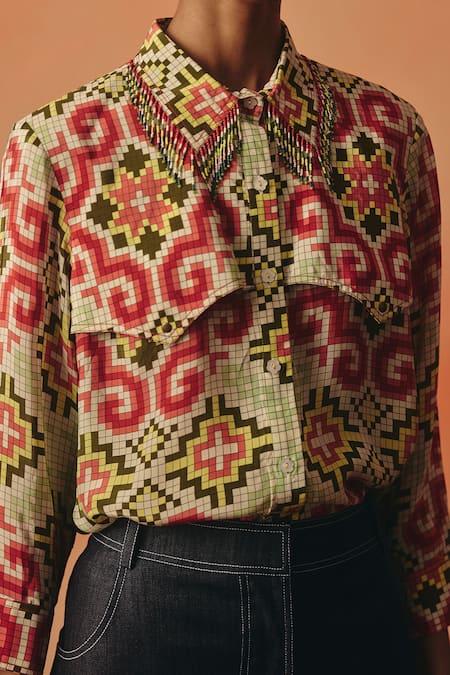 Buy_Pooja Rajgarhia Gupta_Multi Color Crepe Crystals Collared Tara Rivitted Ikat Pattern Shirt _Online_at_Aza_Fashions