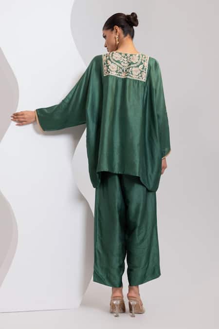 Oshi By Shikha Silk Hand Embroidered Pheran Kaftan & Pant Set 