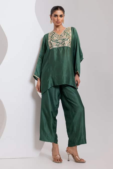 Oshi By Shikha Silk Hand Embroidered Pheran Kaftan & Pant Set 