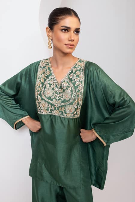 Shop_Oshi By Shikha_Green Silk Embroidery, Zari V-neck Hand Pheran Kaftan And Pant Set _Online_at_Aza_Fashions
