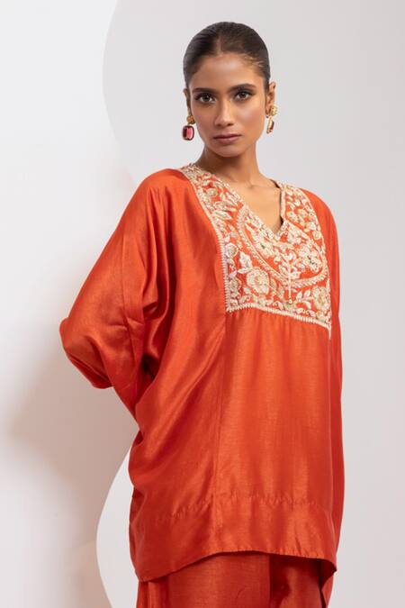 Shop Oshi By Shikha Rust Silk Embroidery, Zari V-neck Zardosi Pheran And Broad Pant Set Online at Aza Fashions Shop_Oshi By Shikha_Rust Silk Embroidery, Zari V-neck Zardosi Pheran And Broad Pant Set _Online_at_Aza_Fashions