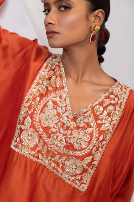 Buy Oshi By Shikha Rust Silk Embroidery, Zari V-neck Zardosi Pheran And Broad Pant Set Buy_Oshi By Shikha_Rust Silk Embroidery, Zari V-neck Zardosi Pheran And Broad Pant Set