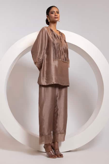 Oshi By Shikha_Brown Silk, Organza Tassels, Metallic Thread Work A-line Top And Broad Pant Set _Online_at_Aza_Fashions