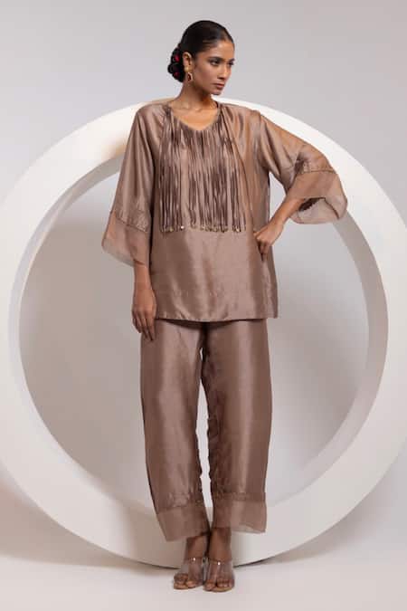 Oshi By Shikha Tassel Work A-Line Top & Broad Pant Set 