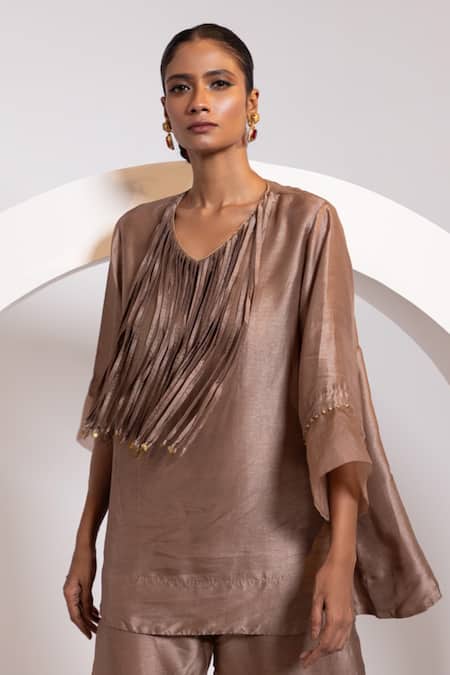 Buy_Oshi By Shikha_Brown Silk, Organza Tassels, Metallic Thread Work A-line Top And Broad Pant Set _Online_at_Aza_Fashions