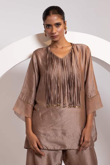 Oshi By Shikha_Brown Silk, Organza Tassels, Metallic Thread Work A-line Top And Broad Pant Set _at_Aza_Fashions