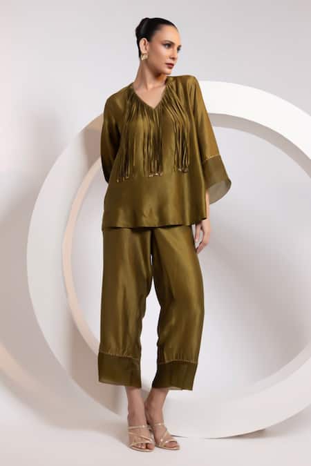 Oshi By Shikha_Olive Green Silk, Organza Tassels V-neck Work Top With Pant _Online_at_Aza_Fashions