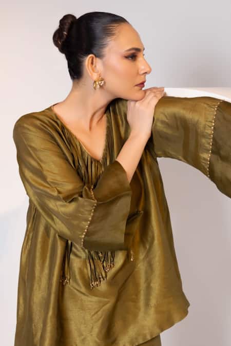 Buy_Oshi By Shikha_Olive Green Silk, Organza Tassels V-neck Work Top With Pant _Online_at_Aza_Fashions