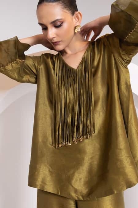 Oshi By Shikha_Olive Green Silk, Organza Tassels V-neck Work Top With Pant _at_Aza_Fashions