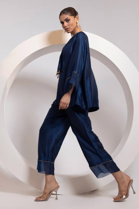 Oshi By Shikha_Navy Silk, Organza Tassels, Metallic Thread V-neck Top And Broad Pant Set _at_Aza_Fashions
