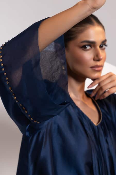 Buy_Oshi By Shikha_Navy Silk, Organza Tassels, Metallic Thread V-neck Top And Broad Pant Set 