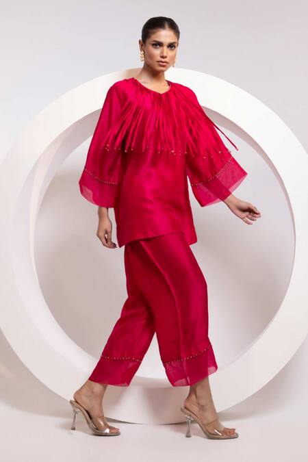 Buy_Oshi By Shikha_Fuchsia Silk, Organza Tassels, Metallic Thread Round A-line Top And Broad Pant Set _Online_at_Aza_Fashions