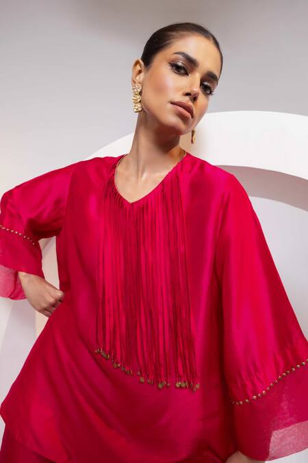 Oshi By Shikha_Fuchsia Silk, Organza Tassels, Metallic Thread Round A-line Top And Broad Pant Set _at_Aza_Fashions