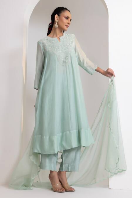 Oshi By Shikha_Blue Chanderi, Silk, Organza Pearls, Embroidery Split V-neck Flared Kurta Set _Online_at_Aza_Fashions