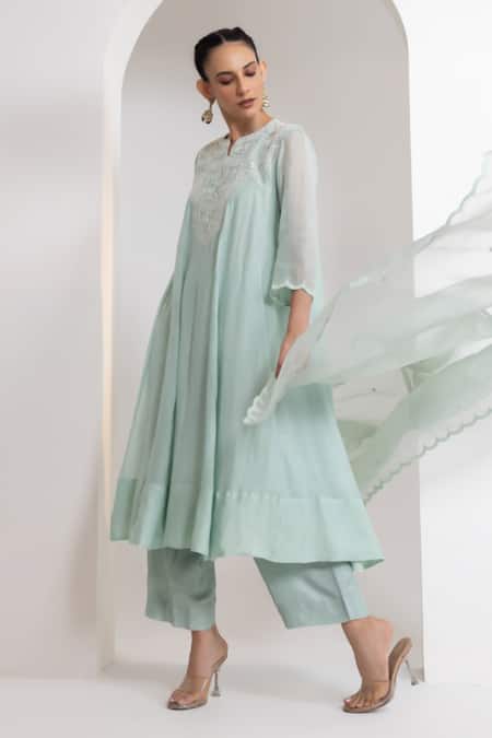 Buy_Oshi By Shikha_Blue Chanderi, Silk, Organza Pearls, Embroidery Split V-neck Flared Kurta Set _Online_at_Aza_Fashions