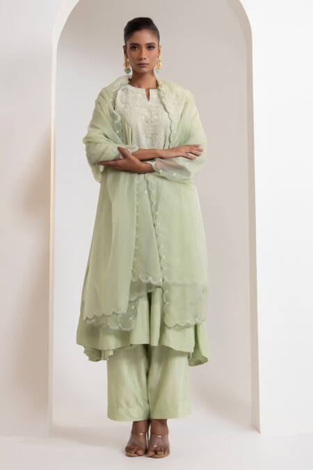 Oshi By Shikha_Green Chanderi, Silk, Organza Pearls, Embroidery Split Flared Kurta Pant Set _Online_at_Aza_Fashions