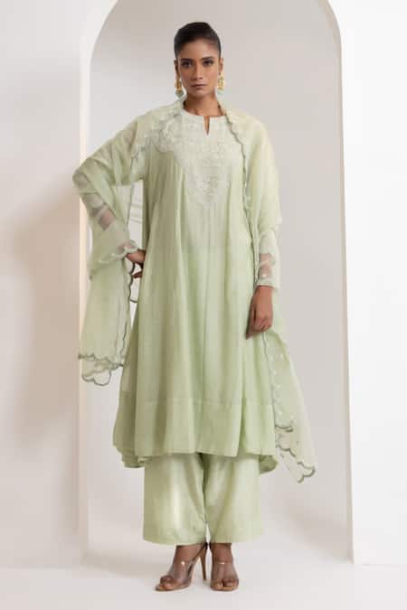 Oshi By Shikha Pearl Embroidered Flared Kurta Pant Set 