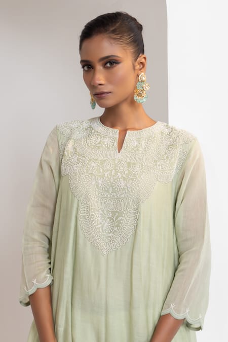 Shop_Oshi By Shikha_Green Chanderi, Silk, Organza Pearls, Embroidery Split Flared Kurta Pant Set _Online_at_Aza_Fashions