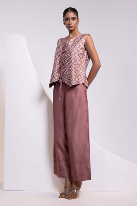 Buy_Oshi By Shikha_Pink Silk V-neck Printed Waistcoat And Broad Pant Set _Online_at_Aza_Fashions