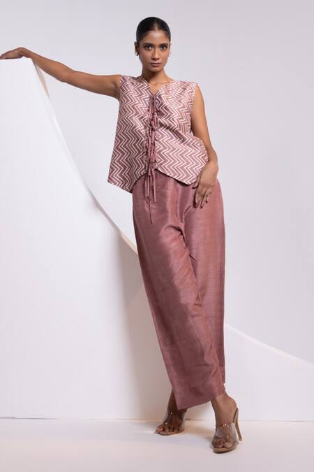 Shop_Oshi By Shikha_Pink Silk V-neck Printed Waistcoat And Broad Pant Set _Online_at_Aza_Fashions