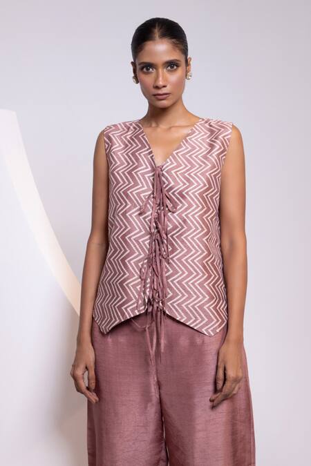 Buy_Oshi By Shikha_Pink Silk V-neck Printed Waistcoat And Broad Pant Set 