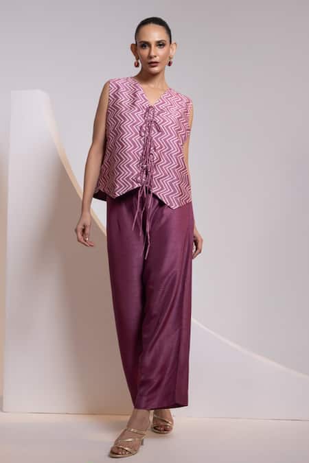 Oshi By Shikha Printed Silk Waistcoat & Broad Pant Set 