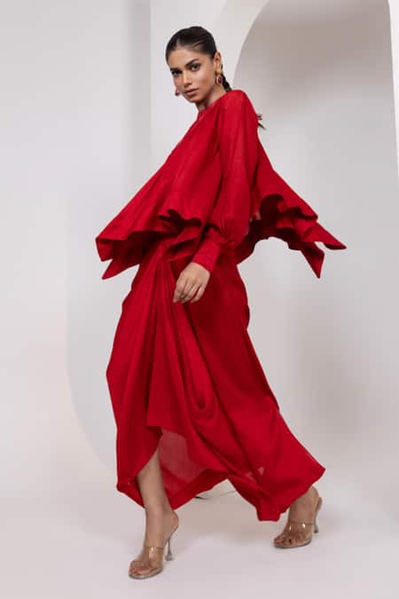 Oshi By Shikha_Red Silk Embroidery, Beads, Sequins Round Neck Hand Top And Draped Skirt _Online_at_Aza_Fashions