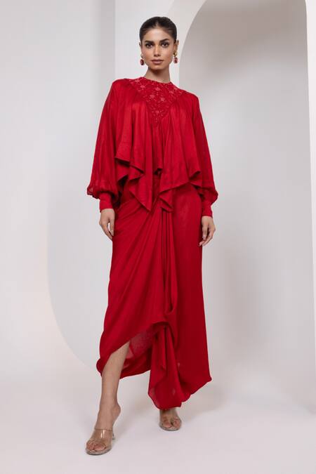 Buy_Oshi By Shikha_Red Silk Embroidery, Beads, Sequins Round Neck Hand Top And Draped Skirt _Online_at_Aza_Fashions