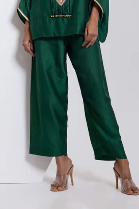 Oshi By Shikha_Emerald Green Silk Embroidery, Gota Patti, Marodi And Pheran Kaftan With Pant _Online_at_Aza_Fashions