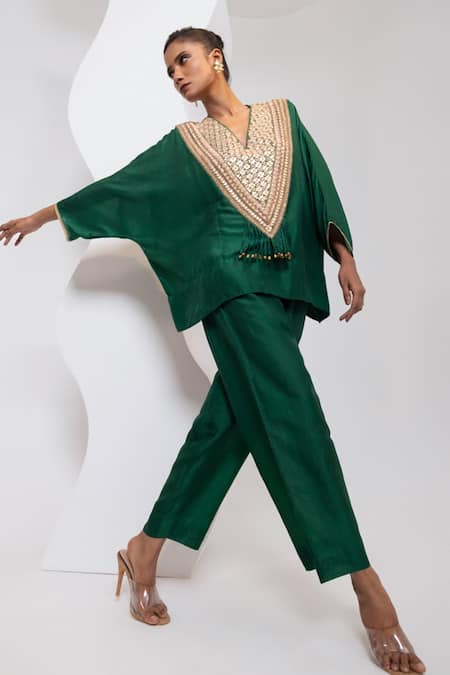 Buy_Oshi By Shikha_Emerald Green Silk Embroidery, Gota Patti, Marodi And Pheran Kaftan With Pant _Online_at_Aza_Fashions