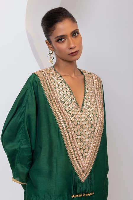 Oshi By Shikha_Emerald Green Silk Embroidery, Gota Patti, Marodi And Pheran Kaftan With Pant _at_Aza_Fashions
