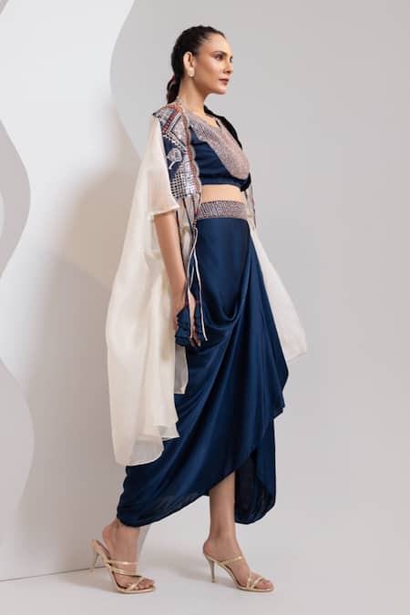 Oshi By Shikha_Navy Cotton, Satin Embroidery, Sequins Round Neck, Marori And Cape Skirt Set _Online_at_Aza_Fashions