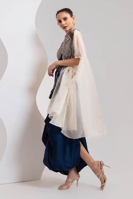 Buy_Oshi By Shikha_Navy Cotton, Satin Embroidery, Sequins Round Neck, Marori And Cape Skirt Set _Online_at_Aza_Fashions