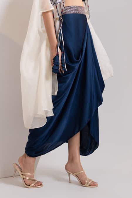 Shop_Oshi By Shikha_Navy Cotton, Satin Embroidery, Sequins Round Neck, Marori And Cape Skirt Set _Online_at_Aza_Fashions