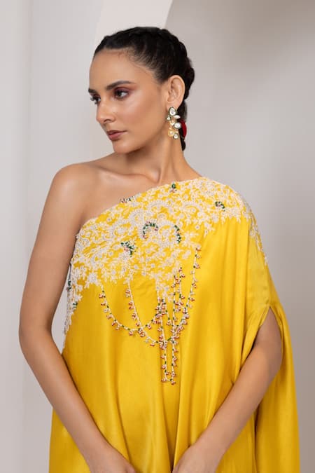 Oshi By Shikha_Mustard Silk Embroidery, Pearls One Shoulder Tunic And Pant _Online_at_Aza_Fashions