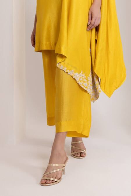 Buy_Oshi By Shikha_Mustard Silk Embroidery, Pearls One Shoulder Tunic And Pant _Online_at_Aza_Fashions
