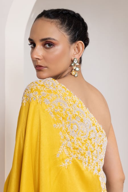 Shop_Oshi By Shikha_Mustard Silk Embroidery, Pearls One Shoulder Tunic And Pant _Online_at_Aza_Fashions