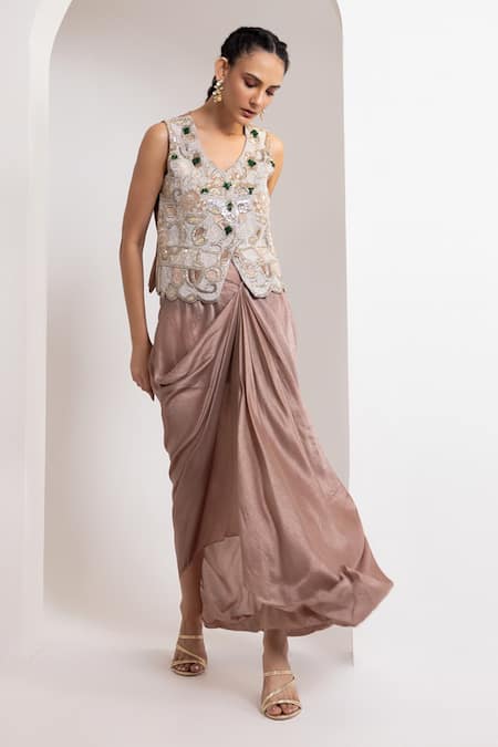 Oshi By Shikha Zardozi Embroidered Waistcoat & Draped Skirt 