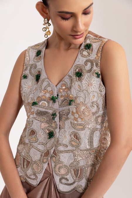 Shop_Oshi By Shikha_Off White Silk Embroidery, Beads, Metallic Zardozi Waistcoat And Draped Skirt _Online_at_Aza_Fashions